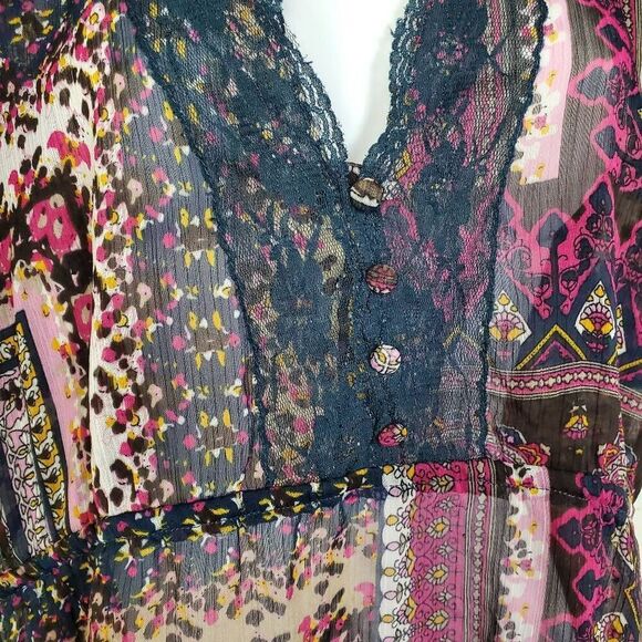 Oneworld Women’s Boho Patchwork Lace Top XL Sheer Short Sleeve Tunic - Picture 3 of 7